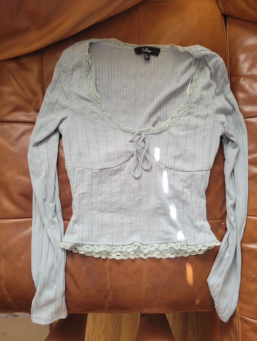 Lulus Light Blue Lace-Trim Ribbed Long Sleeve Top